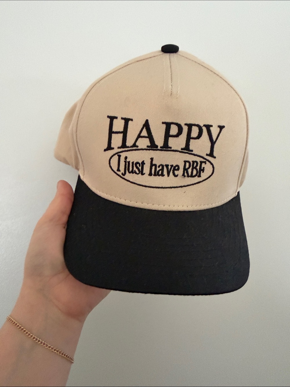 Beige and Black 'HAPPY I just have RBF' Baseball Cap